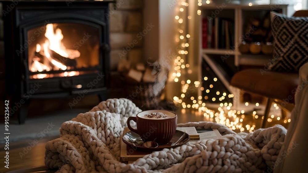 Fototapeta premium Cozy Living Room with Fireplace, Wool Blankets, and Hot Chocolate