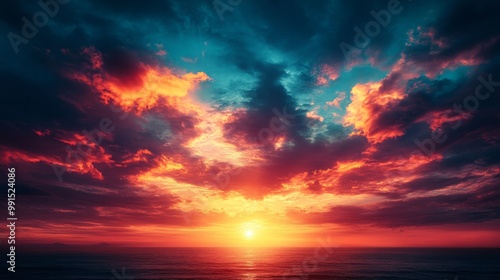 A beautiful sunset over the ocean with a red and orange sky