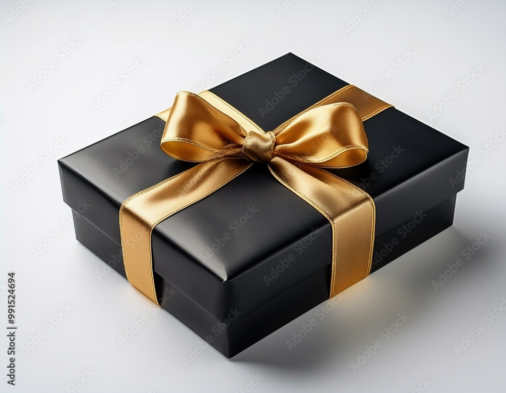 Elegant black gift box design featuring a golden bow and flowing ribbon on a bright white background Elegant black gift box design featuring a golden bow and flowing ribbon on a bright white background