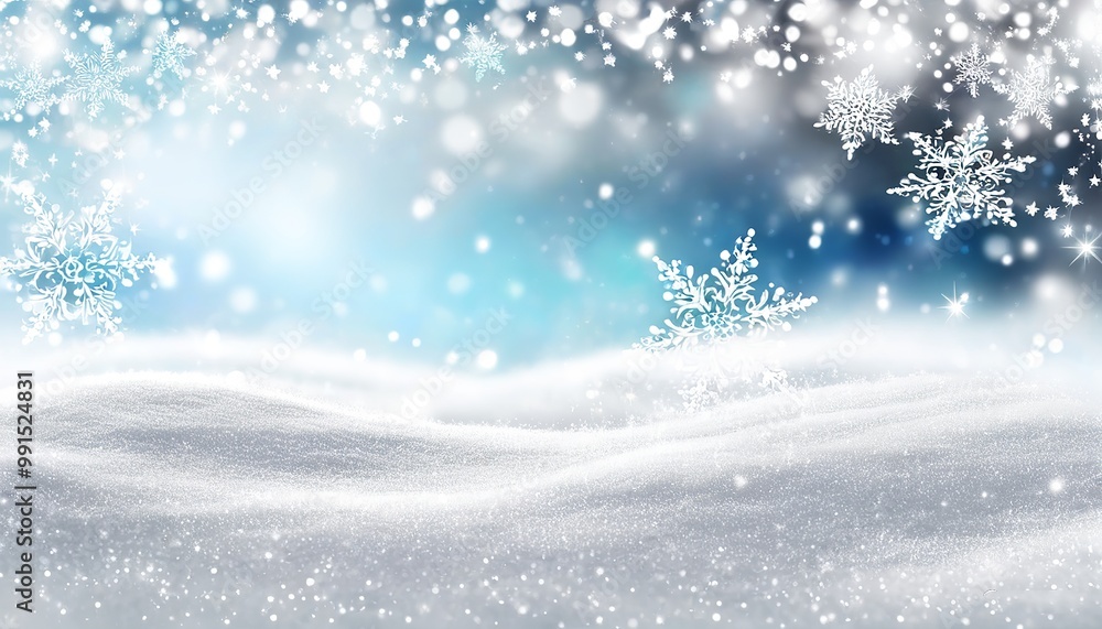 Naklejka premium Silver Sparkling Snowflakes Falling Gently over a snowy landscape, with a dreamy background of softly blurred Christmas lights and twinkling stars in the night sky. Made with Generative AI Technology