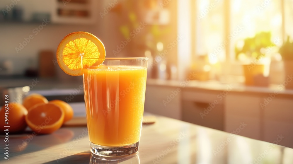 A refreshing glass of freshly squeezed orange juice served with a slice of orange on the rim, set against a bright, sunny kitchen background. A refreshing glass of freshly squeezed orange juice served with a slice of orange on the rim, set against a bright, sunny kitchen background.