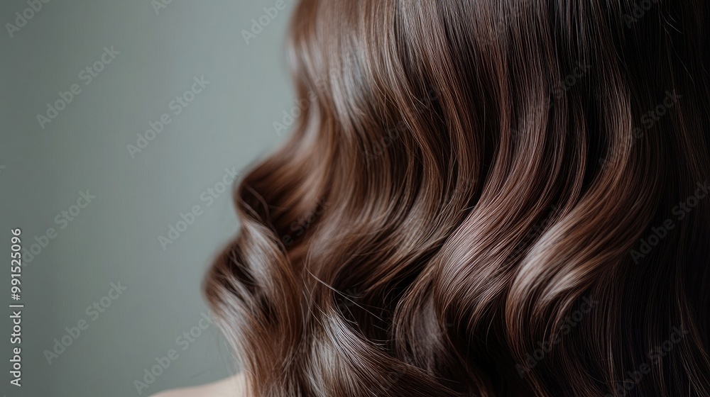 Fototapeta premium Close-up of a woman long, wavy hair cascading over her shoulders, with a plain background providing room for copy space on the right.