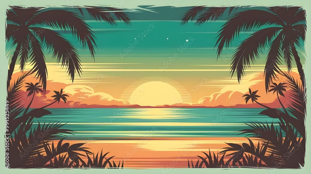 Fototapeta premium Tropical Sunset Beach Palm Trees Silhouette