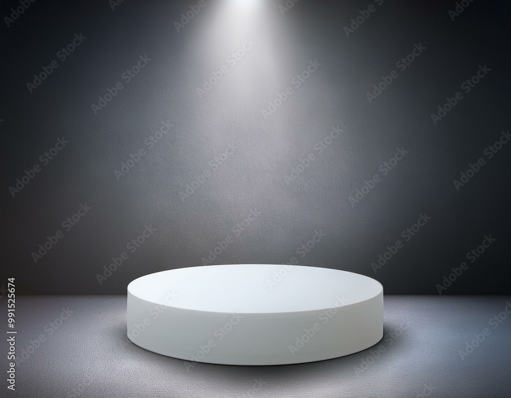 Empty space of Round white podium or pedestal in studio room with spotlight in gray background. Empty space of Round white podium or pedestal in studio room with spotlight in gray background.