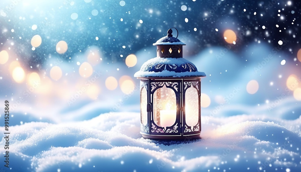 Snow-Covered Lantern with a soft glow and a background of twinkling holiday lights. Made with Generative AI Technology Snow-Covered Lantern with a soft glow and a background of twinkling holiday lights. Made with Generative AI Technology