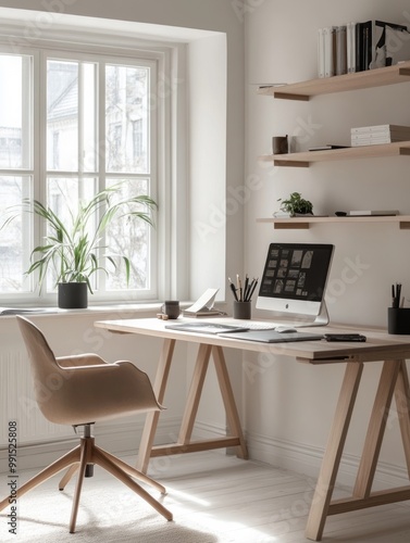 A workspace with white walls, a wooden desk, an ergonomic chair, and wall-mounted shelves for storage. A large window provides ample natural light for working