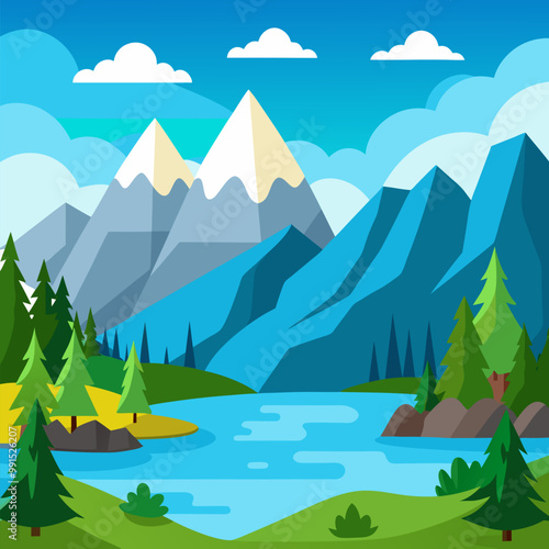 Mountain landscape with jungle trees, lake or river and rocky snowy hills. Cartoon summer forest scenery with water in pond, peaks and woods, blue sky with clouds. Outdoor countryside panorama.