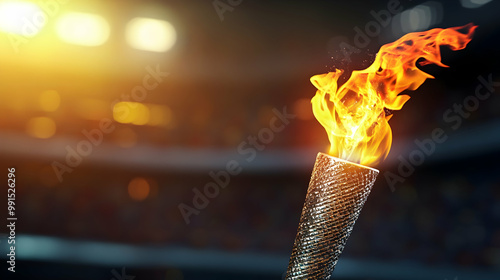 olympic torch with burning flame blurred sports stadium background symbol of unity and sportsmanship 3d illustration
