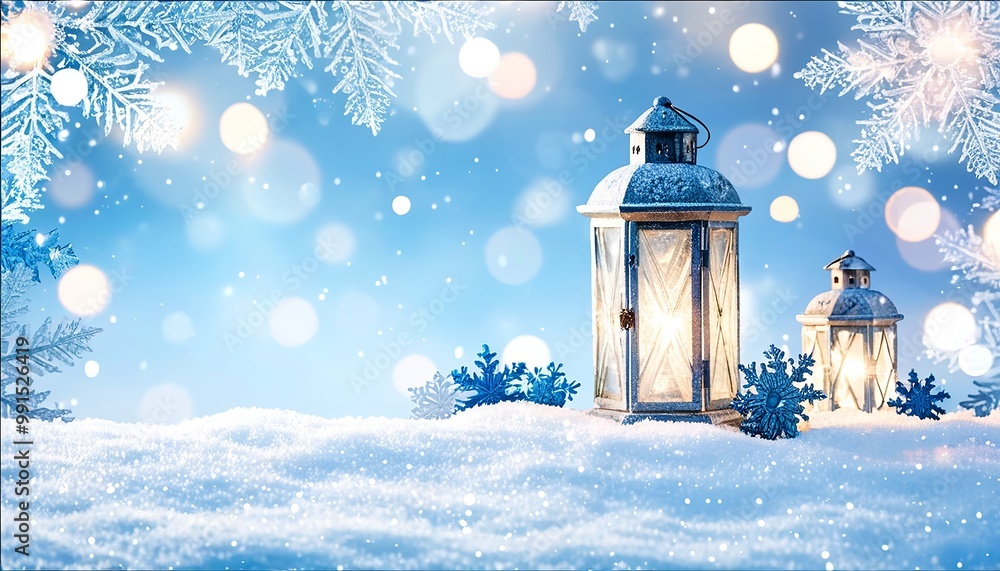 Snow-Covered Lantern with a warm glow and a backdrop of twinkling holiday lights. Made with Generative AI Technology Snow-Covered Lantern with a warm glow and a backdrop of twinkling holiday lights. Made with Generative AI Technology