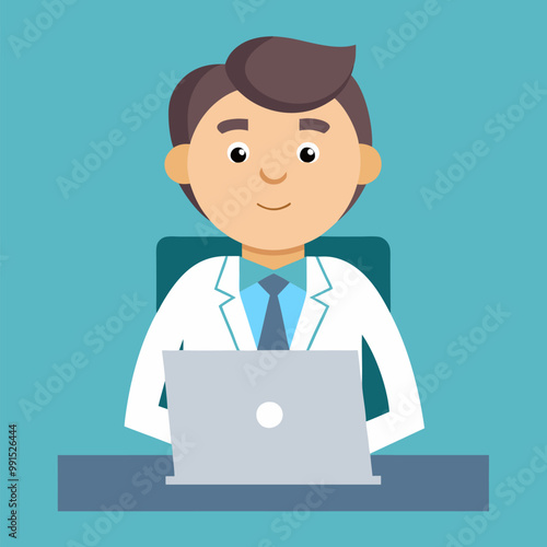 Doctor working at desk with computer. Cartoon vector illustration set of man and woman medical specialist in white clothes with stethoscope on neck sitting at table with laptop and pc monitor.