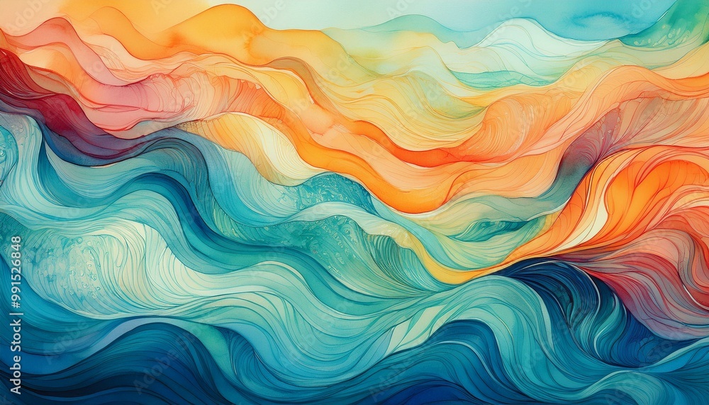 Expressive watercolor ocean wave textures. Cheerful, calming summer vibe. Radiant and lively colors for backgrounds or wallpaper Expressive watercolor ocean wave textures. Cheerful, calming summer vibe. Radiant and lively colors for backgrounds or wallpaper