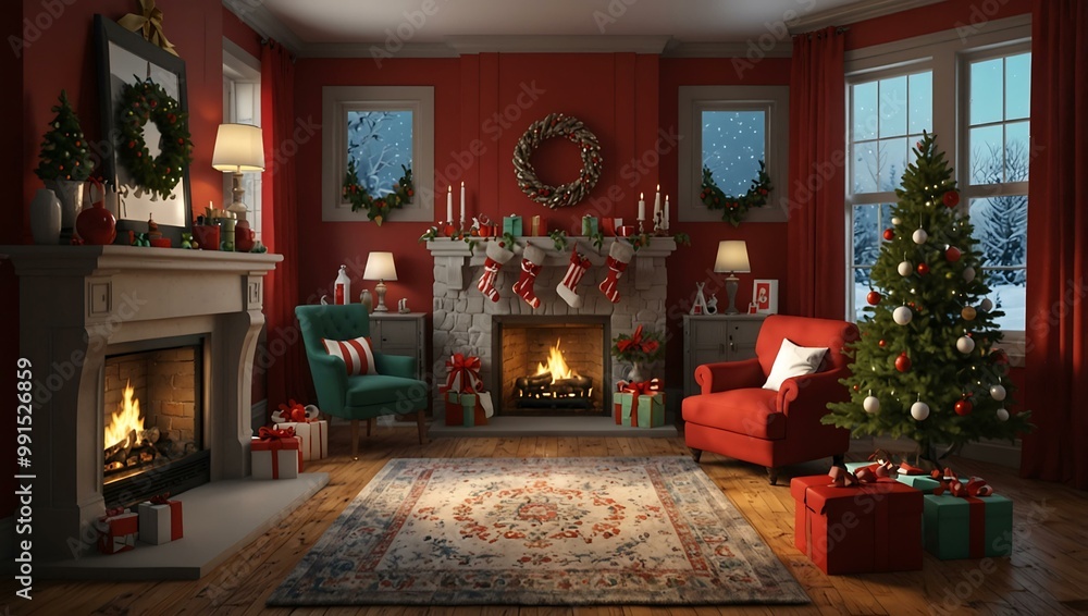 3D rendering of a Christmas-themed room with vibrant decor. 3D rendering of a Christmas-themed room with vibrant decor.