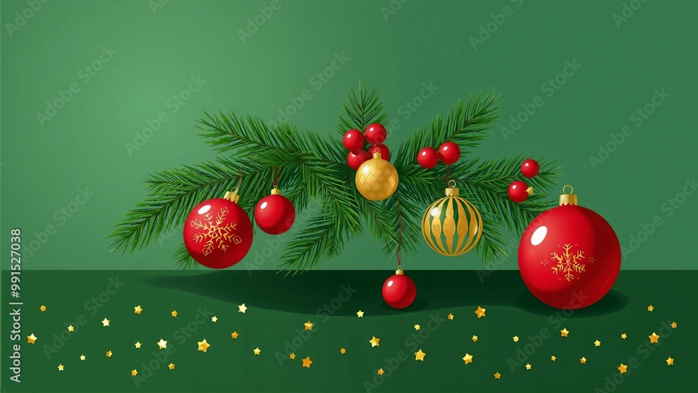 Naklejka premium A deep green background with red and gold decorations, Christmas ornaments, illuminated lights, pine trees, and berry fruits placed 深い緑色の背景に赤とゴールドの装飾やクリスマスオーナメントとイルミネーションライトや松の木、ベリーの実がおかれている