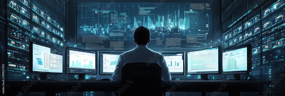 Control room with engineer monitoring data flows