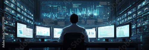 Obraz na płótnie Control room with engineer monitoring data flows w salonie