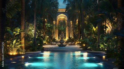 Atlantis royal gardens, glowing plants and serene pools, soft ambient lighting photo