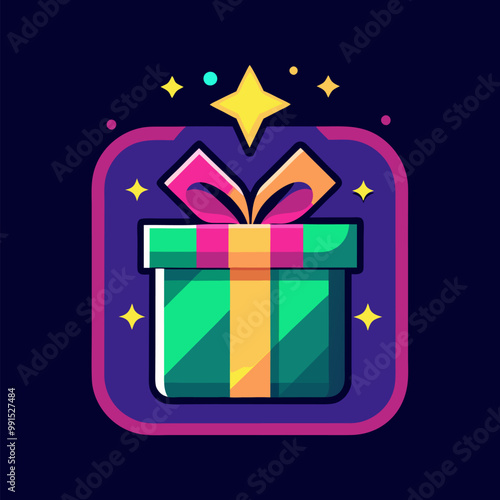 Neon gift box for ui game icon cartoon vector. Bonus or reward present with ribbon for mobile casino app design. Colorful birthday pack with bow for mystery giveaway lottery graphic illustration set.