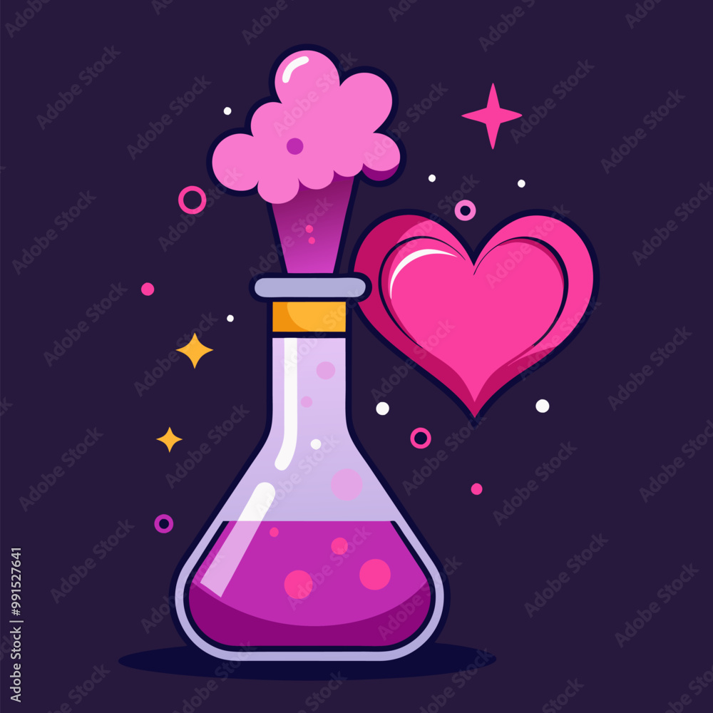 Magic pink love elixir in bottle with heart shaped smoke. Cartoon game animation stages of glowing and sparkling steam. Explosion with puffing cloud from chemical reaction of potion in glass tube. Magic pink love elixir in bottle with heart shaped smoke. Cartoon game animation stages of glowing and sparkling steam. Explosion with puffing cloud from chemical reaction of potion in glass tube.