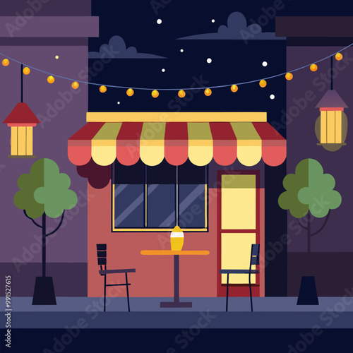 Night outdoor street cafe or restaurant table area cartoon illustration. Outside cafeteria in evening city with garland bulb light vector background. Building exterior, sidewalk and open air bistro