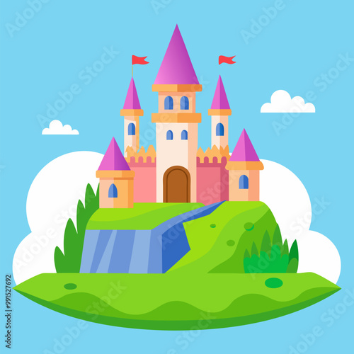 Princess castle fairytale landscape background. Magic medieval fairy tale kingdom palace building on green grass meadow with rock in fantasy valley. Summer wonderland nature with ancient king chateau