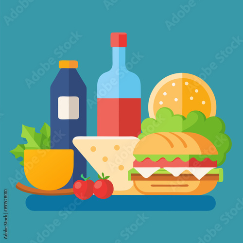 Picnic or dinner food set. Cartoon vector illustration of variouos fast meals - sandwich, cheese and coockies, vegetables and fruits, bottle with wine, plastic cup and knife. Fresh eating for buffet.