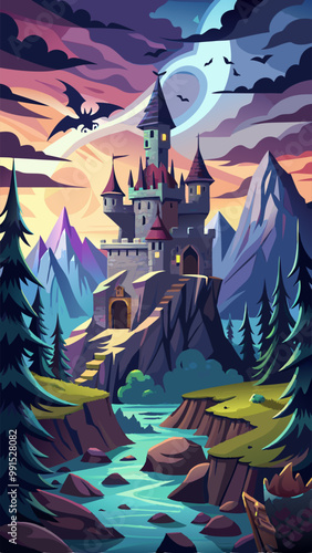 Black spooky castle and flying dragon in canyon with mountains and forest. Vector cartoon fantasy illustration with medieval palace with towers, creepy beast with wings, rocks and pine trees