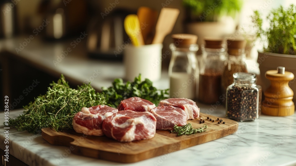 A rustic kitchen setting with raw meat cuts displayed on a marble countertop, with fresh herbs and spices nearby, emphasizing the preparation for a delicious meal. A rustic kitchen setting with raw meat cuts displayed on a marble countertop, with fresh herbs and spices nearby, emphasizing the preparation for a delicious meal.