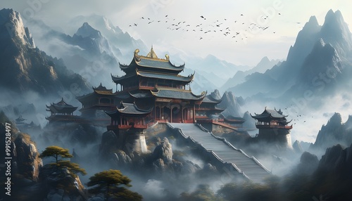 Mysterious ancient Chinese palace hidden in misty mountains with soaring birds overhead.