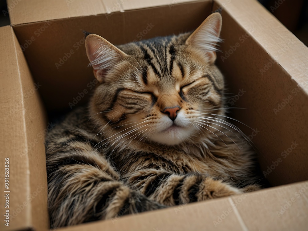 A cute elderly tabby cat sleeping snugly in a cardboard box. A cute elderly tabby cat sleeping snugly in a cardboard box.