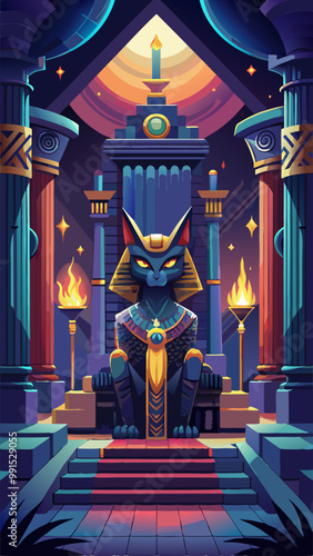 Ancient throne in egyptian palace at night. Dark old egypt temple architecture with god symbol - sun, cat, scarab sacer. Symmetry construction interior design with statue and sit place in room.