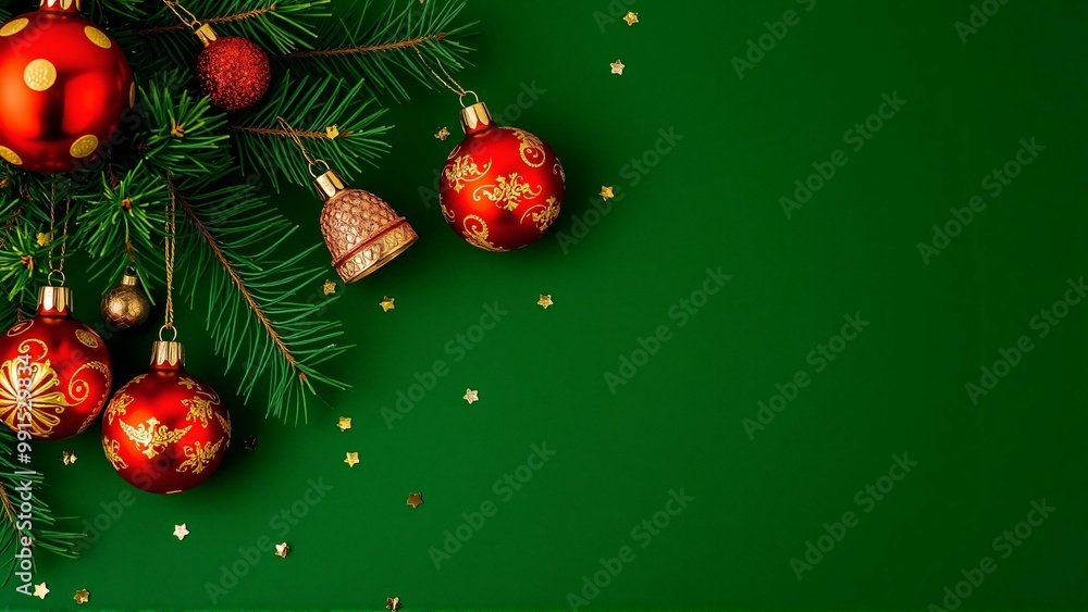 Naklejka premium 深緑の背景にクリスマスツリー、松の枝、赤とゴールドのオーナメント、冬の装飾品と贈り物Christmas Tree, Pine Branches, Red and Gold Ornaments, Winter Decorations, and Gifts on a Deep Green Background