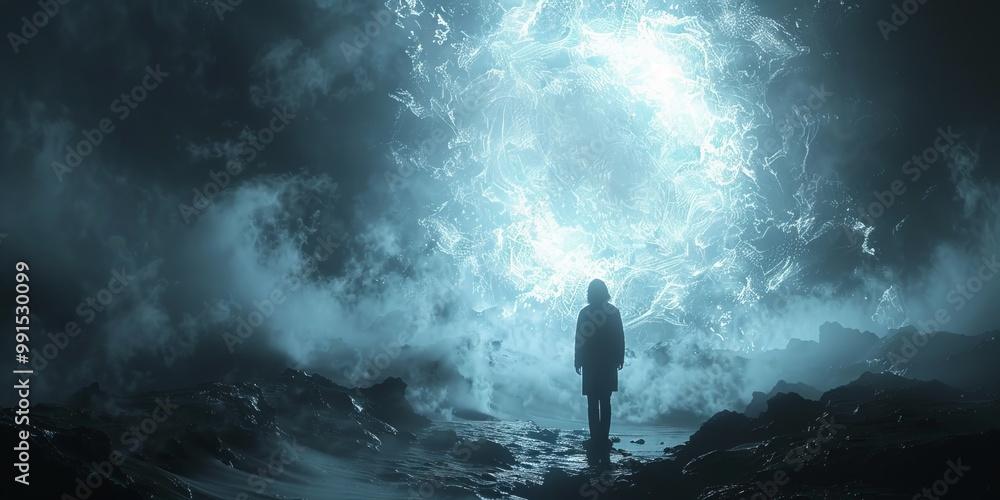 Obraz premium A man stands in front of a large, glowing blue object