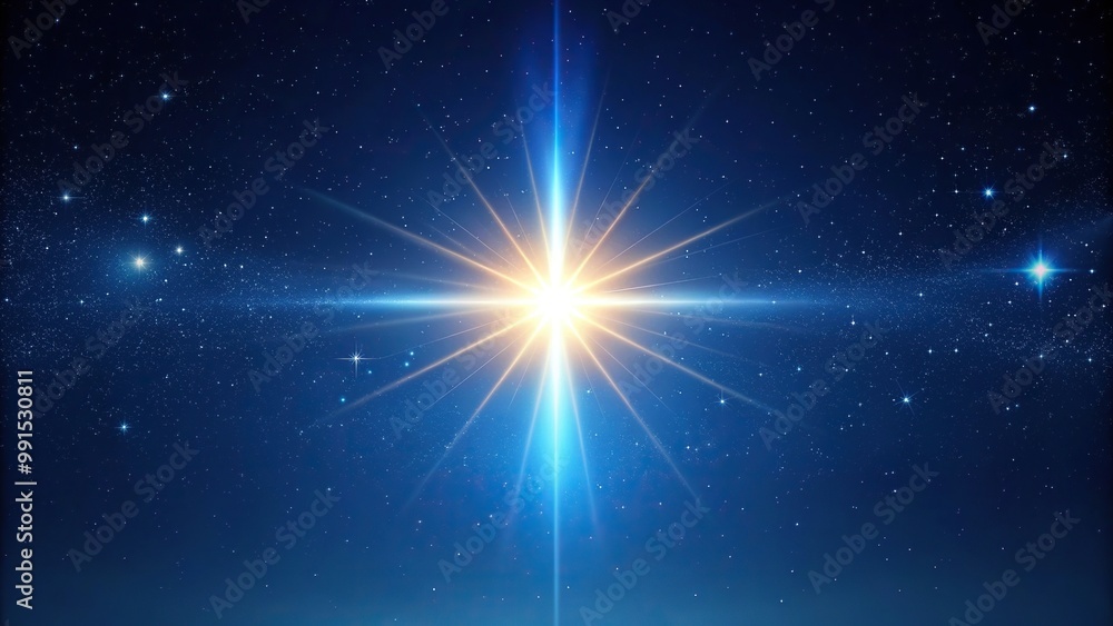 Obraz premium Bright star shining in the dark blue night sky, symmetrical, bright, brilliant, Christmas Eve, beautiful, mystical, holiday, religious, winter, celestial, divine, symbolism, glowing