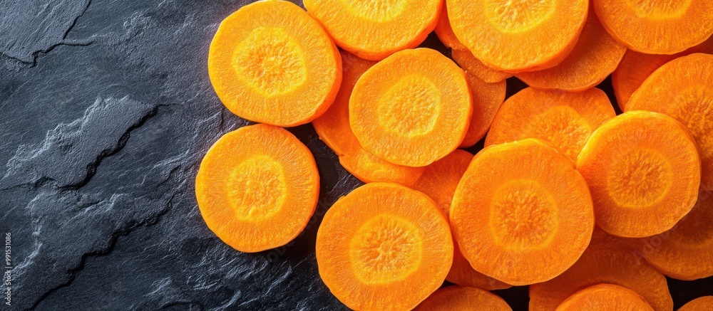 Fresh Carrot Slices on Black Slate Fresh Carrot Slices on Black Slate