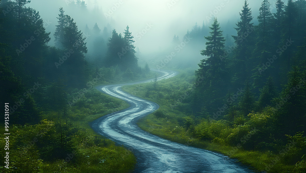 A Winding Road Through the Forest, Aerial View on a Rainy Day
A Winding Road Through the Forest, Aerial View on a Rainy Day