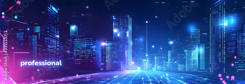 Sleek and modern vector illustration of smart buildings with binary code, text "professional" on the left side, glowing cityscape background, blue color scheme, professional presentation .