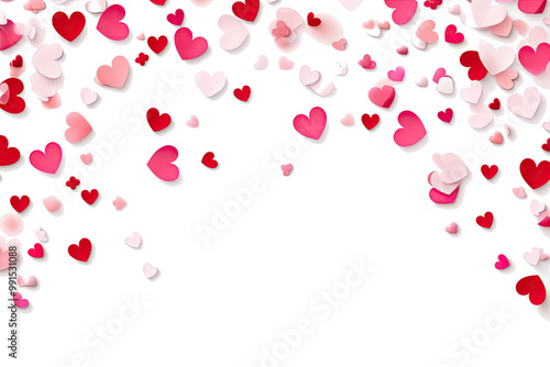 Paper cut confetti red white pink heart symbols flat lay top view on transparent background