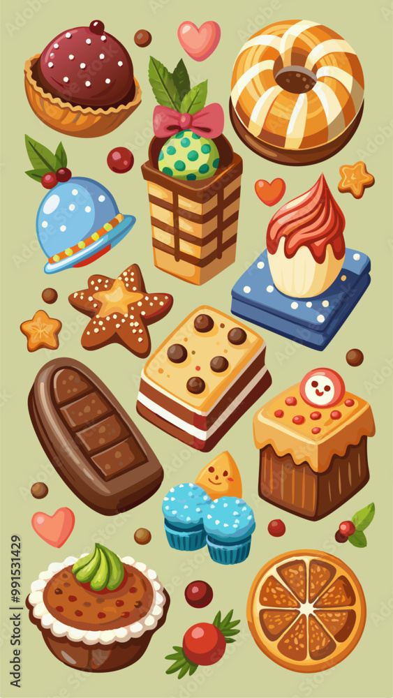 Set of sweets and bakery desserts, chocolate bar, sweet choco candies with praline, nuts or cocoa topping, caramel, crispy cookie and xmas gingerbread star and man patisserie assortment, Vector icons Set of sweets and bakery desserts, chocolate bar, sweet choco candies with praline, nuts or cocoa topping, caramel, crispy cookie and xmas gingerbread star and man patisserie assortment, Vector icons