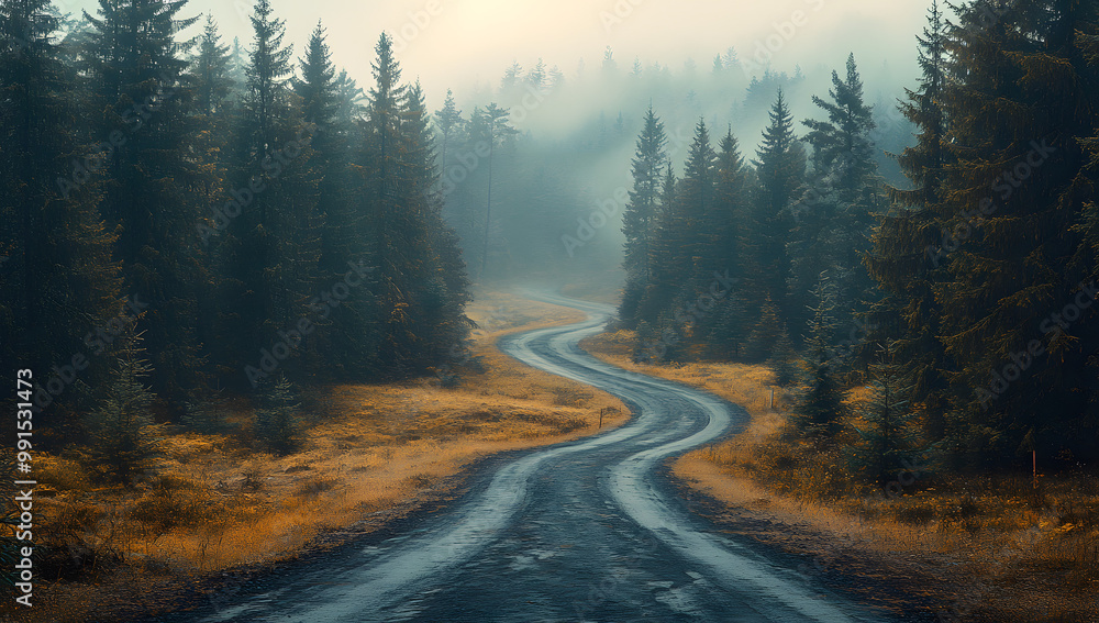 A Winding Road Through the Forest, Aerial View on a Rainy Day
A Winding Road Through the Forest, Aerial View on a Rainy Day