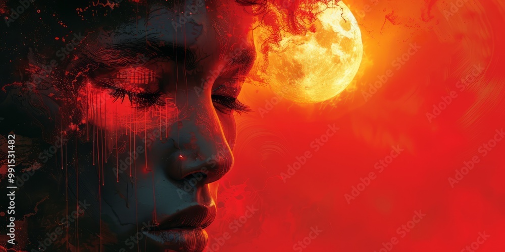 A woman's face is shown with a red background and a large yellow moon A woman's face is shown with a red background and a large yellow moon