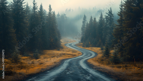 A Winding Road Through the Forest, Aerial View on a Rainy Day 