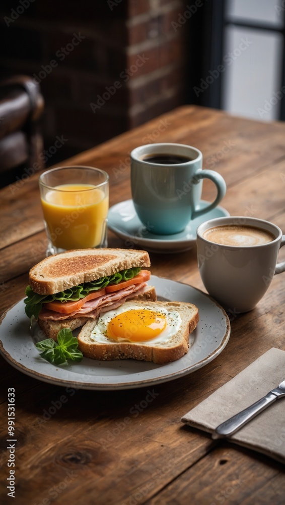 Bacon and Egg Sandwich with Coffee and Juice Bacon and Egg Sandwich with Coffee and Juice