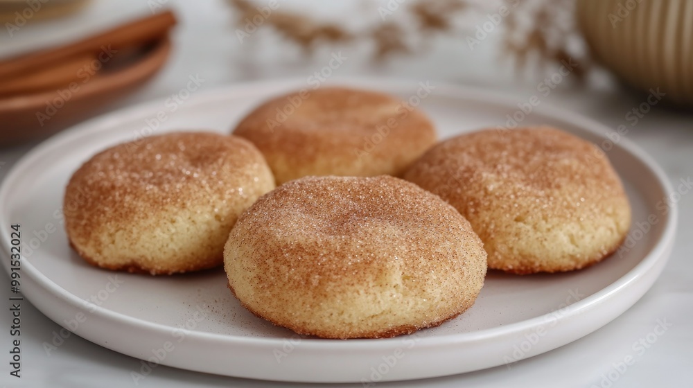 Close-up of freshly baked snickerdoodle cookies with a cinnamon sugar coating, placed on a white ceramic plate. Close-up of freshly baked snickerdoodle cookies with a cinnamon sugar coating, placed on a white ceramic plate.