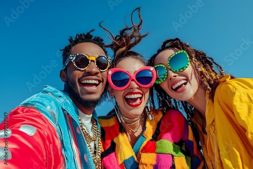Multiethnic three friends posing with colorful sunglasses
