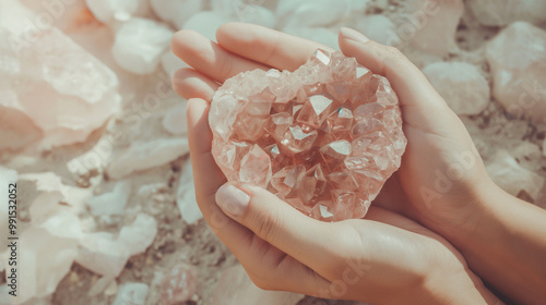 Woman,  pink crystal hands and zen outdoor in nature for healing wellness, mindfulness or peace with spirit rock. Rose quartz, energy stone or calm spiritual meditation for growth, health or relax 