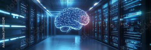 Obraz na płótnie Glowing brain representation of data center w salonie