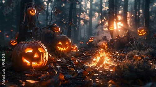 A group of teens sitting around a campfire on Halloween night, glowing jack-o-lanterns nearby, skeletons hanging from trees in the background, firelight casting eerie shadows on their faces,