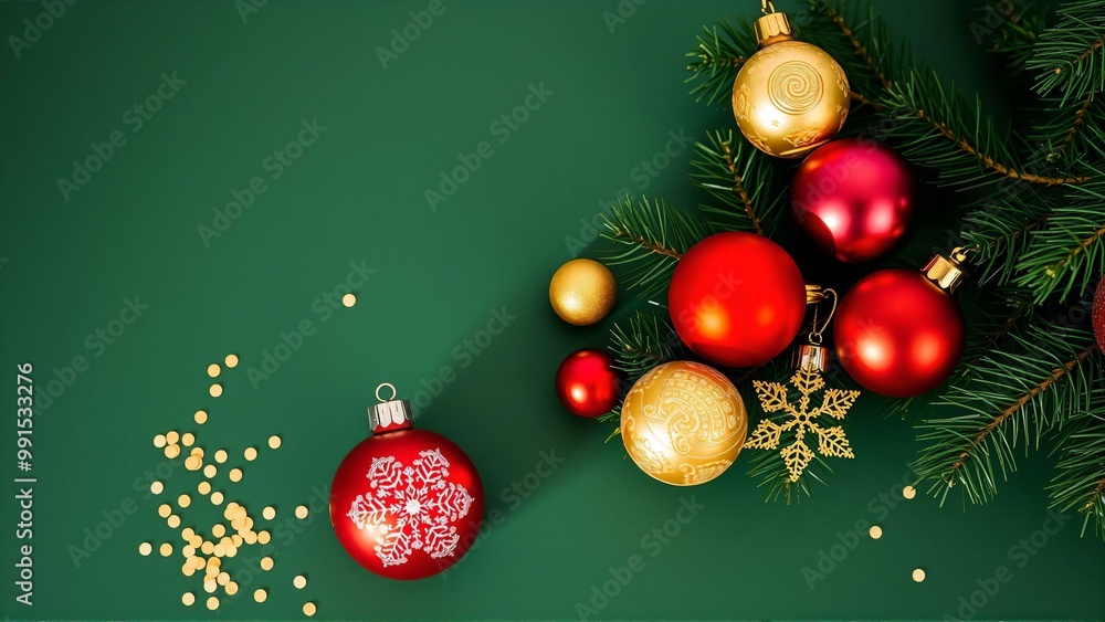深緑の背景にクリスマスツリー、松の枝、赤とゴールドのオーナメント、冬の装飾品と贈り物 Christmas Tree, Pine Branches, Red and Gold Ornaments, Winter Decorations, and Gifts on a Deep Green Background 深緑の背景にクリスマスツリー、松の枝、赤とゴールドのオーナメント、冬の装飾品と贈り物 Christmas Tree, Pine Branches, Red and Gold Ornaments, Winter Decorations, and Gifts on a Deep Green Background