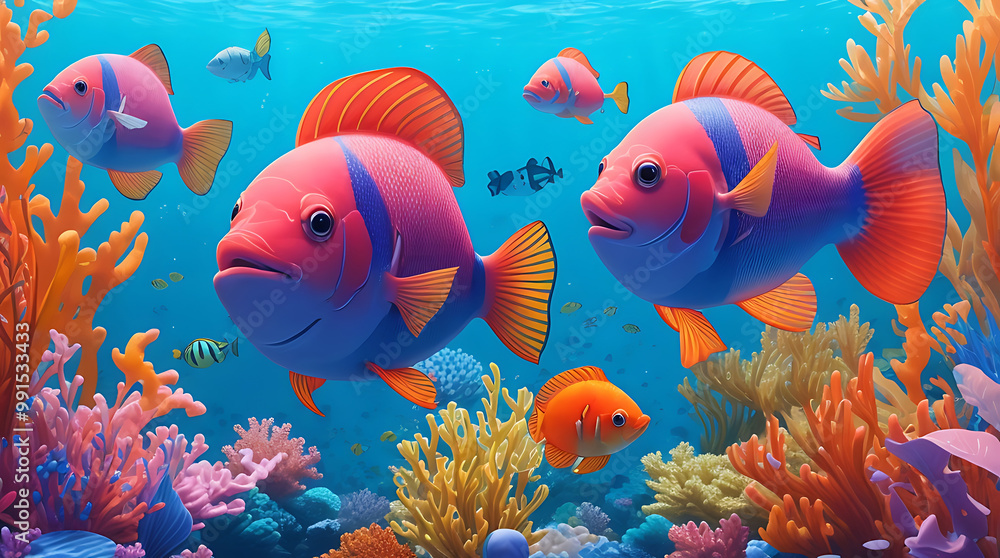 Naklejka premium Illustration modern view of animated cartoon 3d render fish with colorful high quality background design.