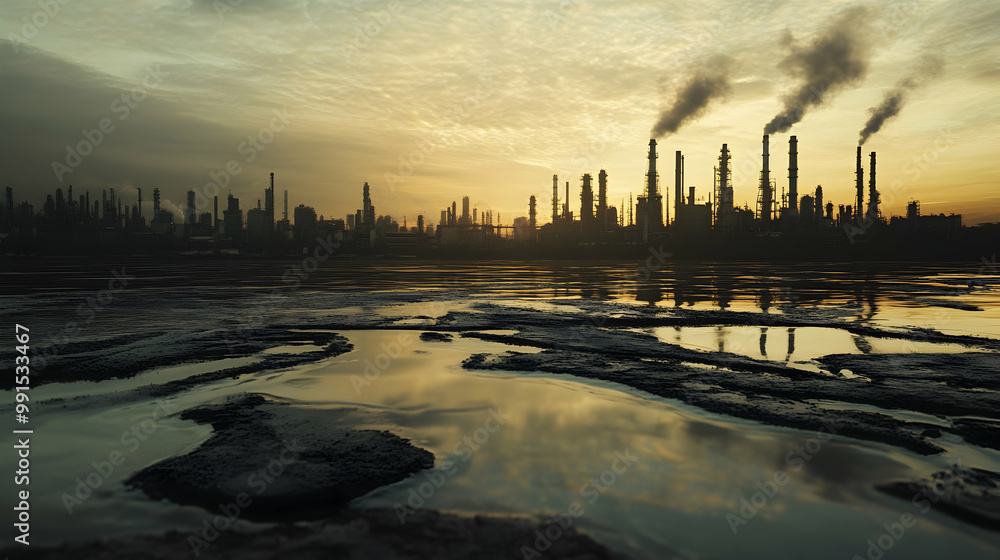 Obraz premium The environmental impact from industrial activity concept, Oil or wastewater is spilling on the river surface with background of industrial city. Generative AI